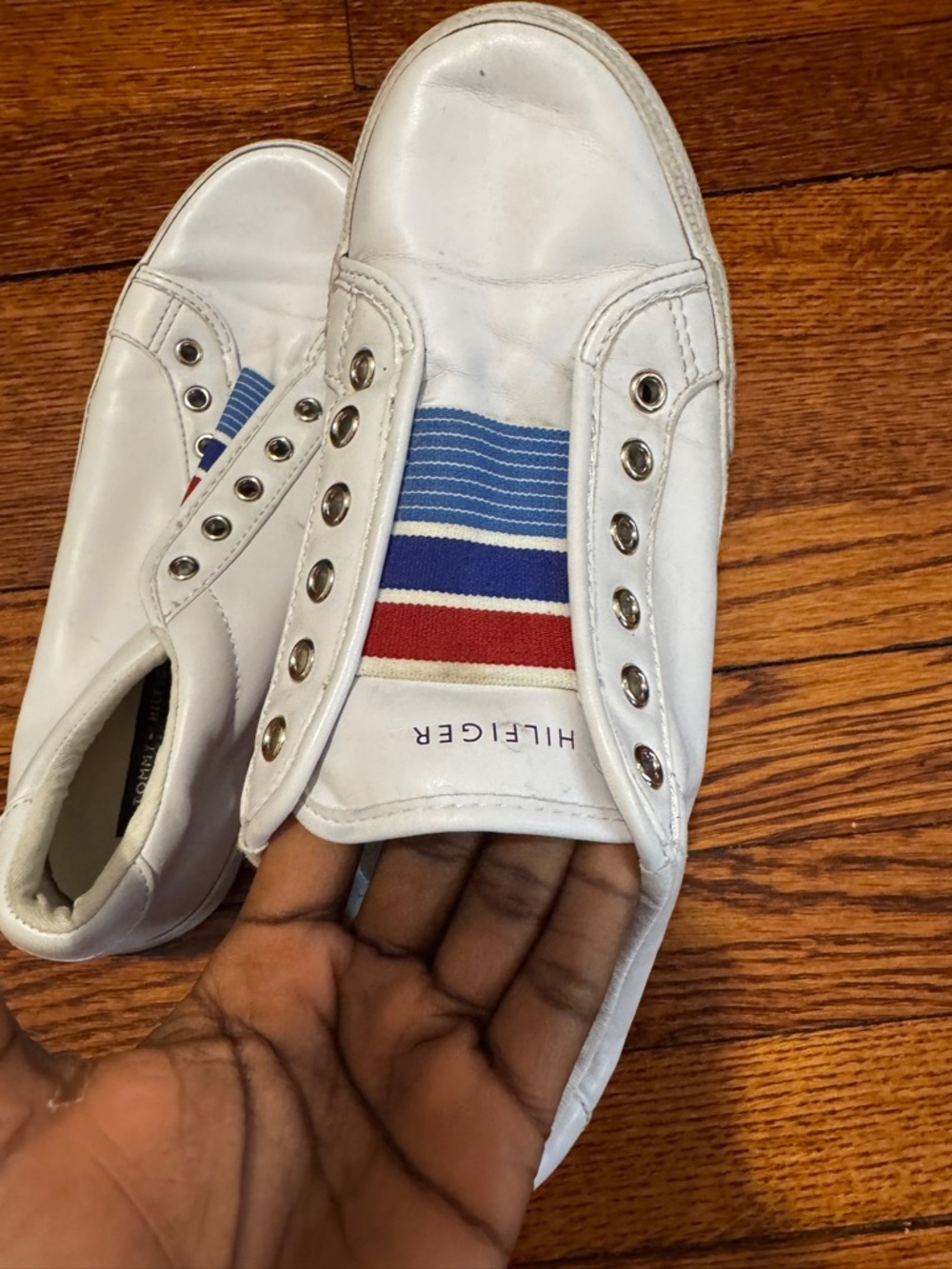 Tommy Hilfiger White Slip-On Sneakers with Red & Blue Flag Detail - Picture 3 of 8